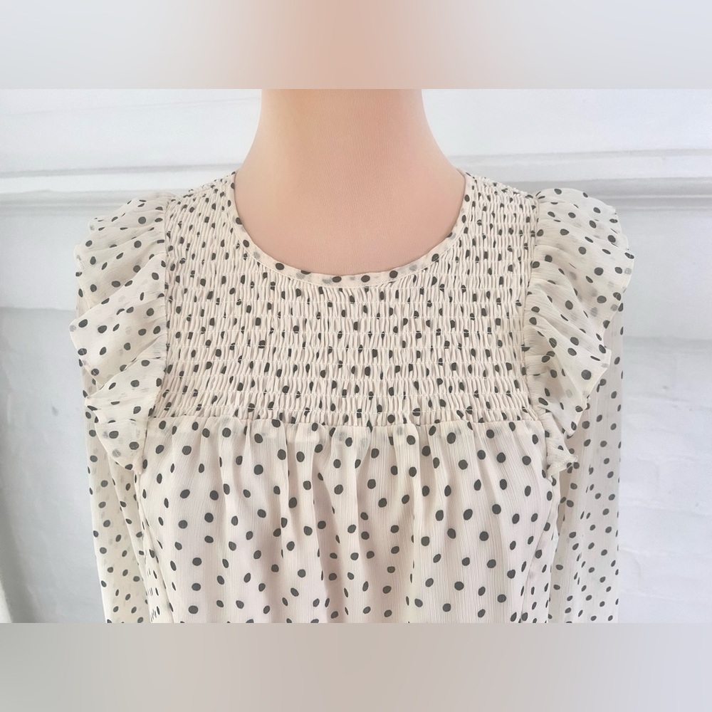 Madewell Smocked Ruffle-Shoulder Midi Dress Inkbrush Dots Cream Black Polka Dot - Picture 8 of 13